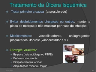 30-03-201039Tratamento da ÚlceraGold Standard: encerramento da úlceraControlo da diabetes e co-morbilidadesAvaliação do estado arterialDeixar de fumar, controlo do peso,álcool e outras toxicofilias. Avaliar a mobilidade do doente, evitar caminhadas  prolongadas, usar calçado apropriado e com protecçãoRemoção e alívio da pressão (carga)