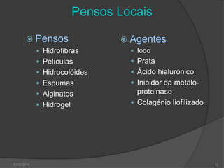 Tratamento da Úlcera Diabética NeuropáticaDesbridamento (excepção à úlcera isquémica)Cirúrgico(pedra angular)Hidrocirurgia (Versajet)Enzimático (colagenase ou papaverina)Autolítico (hidrogel)Larvas (Lucilia sericata)Penso em ambiente húmidoTratamento AvançadoFactores de crescimentoDNA plaquetário recombinado(peclaplermim)  Endotélio Vascular  FibroblastosPlasma autólogo rico em plaquetasTecidos de bioengenharia (Apligraft e Dermagraft)Matrizes extracelulares de derme acelular30-03-201041