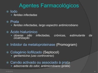 Pensos LocaisPelículas semioclusivas de poliuretano ou co-polímerosferidas superficiais em fase epitelizaçãoPoliuretanos,  carboximetilcelulose(espumas e hidrofibras)úlceras em fase de granulação com maior ou menor quantidade de exsudadoAlginatos(algas)Grande capacidade de absorção, feridas muito exsudativasHidrocolóides(absorvente)Opaco, oclusivo, risco infecção,EVITARHidrogel (autolítico) e colagenase (enzimático)Remoção de tecidos necróticos (maceração excessiva pode aumentar o risco de infecção)30-03-201043