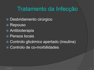 Meios Complementares DiagnósticoImagiologiaCintigrafia óssea:Tc-99 MDPIndium 111Tc-99MDP-Indium 111Tc-99 HMPAOTACRMN com gedolinium PET ScanExames LaboratoriaisGlicemia, Hb A1c, VS, PGCR, hemograma,, FA, ionograma, Função renal e hepáticaurina II hemoculturascultura do pús do leito profundo da ferida com cureta ou biopsia30-03-201053