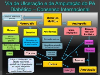 Via de Ulceração e de Amputação do Pé
Diabético – Consenso Internacional
Diabetes
Mellitus
Neuropatia Angiopatia
Motora
Sensitiva Autonómica
Limitação mobilidade
articular
Desvio
coordenação e
postura Diminuição da
sensação dolorosa
e proprioceptiva
Micro-
angiopatia
Doença
Vascular
Periférica
Diminuição sudorese
Alteração da regulação
do fluxo sanguíneo,
Pele seca,
Fissuras
Deformidade, stress,
pressão de
acomodação
calos
Calçado inadequado, não
adesão tratamento,
negligência, inadvertência,
educação terapêutica
precária
(pacientes/profissionais)
Isquemia
Gangrena
Trauma
Úlcera
AmputaçãoInfecção
Trauma
30/05/2015 18
 