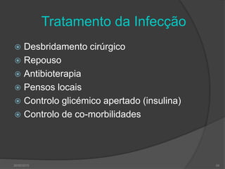Tratamento da Infecção
 Desbridamento cirúrgico
 Repouso
 Antibioterapia
 Pensos locais
 Controlo glicémico apertado (insulina)
 Controlo de co-morbilidades
30/05/2015 54
 