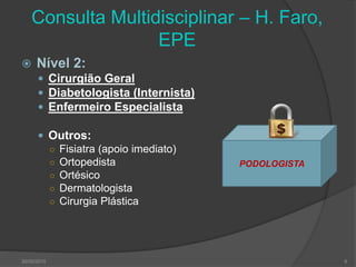 Consulta Multidisciplinar – H. Faro,
EPE
 Nível 2:
 Cirurgião Geral
 Diabetologista (Internista)
 Enfermeiro Especialista
 Outros:
○ Fisiatra (apoio imediato)
○ Ortopedista
○ Ortésico
○ Dermatologista
○ Cirurgia Plástica
30/05/2015 8
PODOLOGISTA
 
