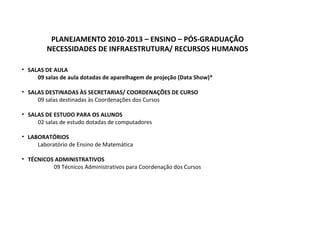 PLANEJAMENTO 2010-2013 – ENSINO – PÓS-GRADUAÇÃO NECESSIDADES DE INFRAESTRUTURA/ RECURSOS HUMANOS SALAS DE AULA 09 salas de aula dotadas de aparelhagem de projeção (Data Show)*   SALAS DESTINADAS ÀS SECRETARIAS/ COORDENAÇÕES DE CURSO 09 salas destinadas às Coordenações dos Cursos   SALAS DE ESTUDO PARA OS ALUNOS  02 salas de estudo dotadas de computadores LABORATÓRIOS Laboratório de Ensino de Matemática TÉCNICOS ADMINISTRATIVOS 09 Técnicos Administrativos para Coordenação dos Cursos 