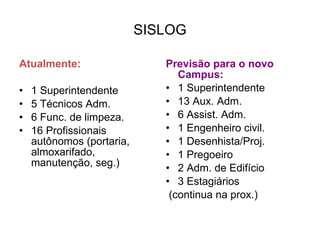 SISLOG Atualmente: 1 Superintendente 5 Técnicos Adm. 6 Func. de limpeza. 16 Profissionais autônomos (portaria, almoxarifado, manutenção, seg.) Previsão para o novo Campus: 1 Superintendente 13 Aux. Adm. 6 Assist. Adm. 1 Engenheiro civil. 1 Desenhista/Proj. 1 Pregoeiro 2 Adm. de Edifício 3 Estagiários (continua na prox.) 