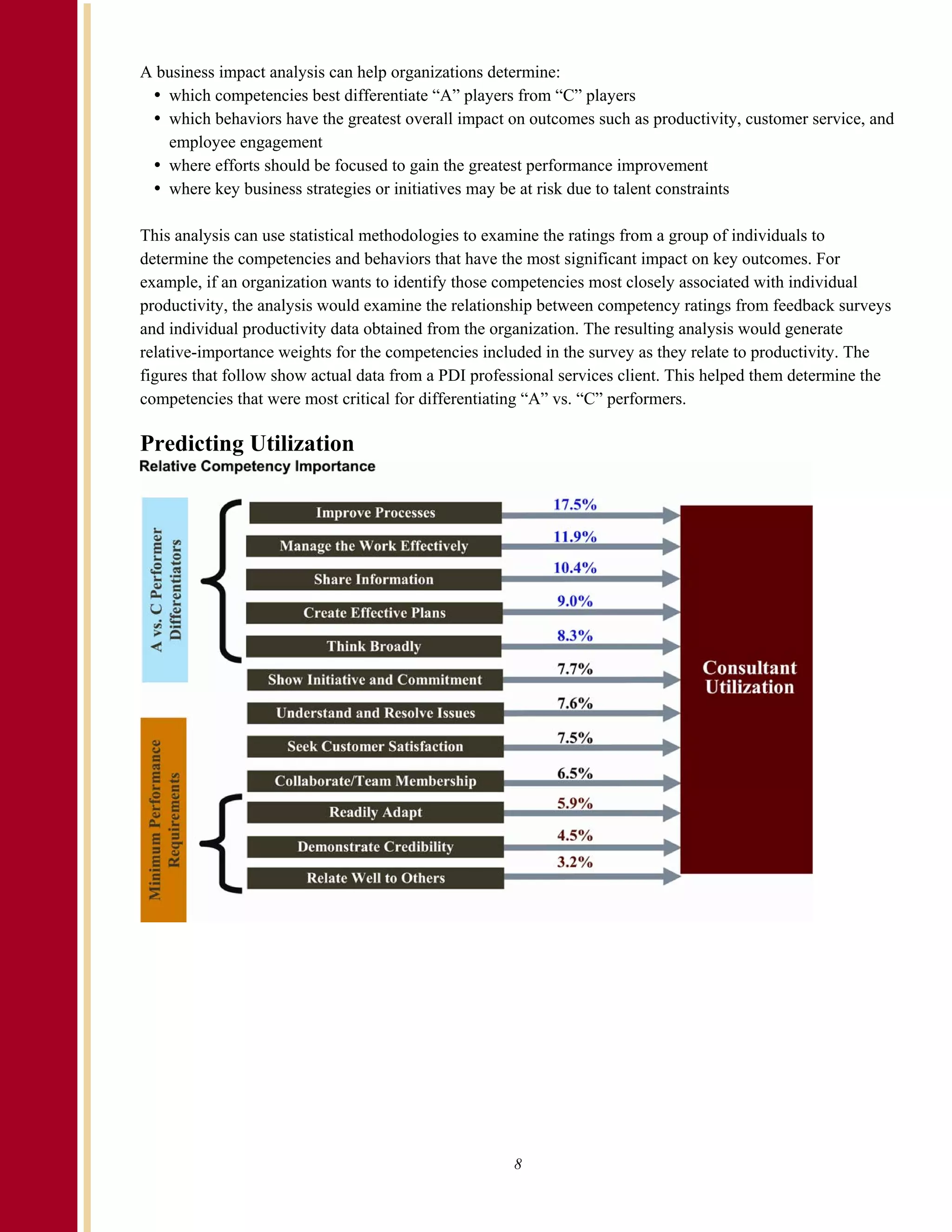 A business impact analysis can help organizations determine:
   which competencies best differentiate “A” players from “C” players
   which behaviors have the greatest overall impact on outcomes such as productivity, customer service, and
   employee engagement
   where efforts should be focused to gain the greatest performance improvement
   where key business strategies or initiatives may be at risk due to talent constraints

This analysis can use statistical methodologies to examine the ratings from a group of individuals to
determine the competencies and behaviors that have the most significant impact on key outcomes. For
example, if an organization wants to identify those competencies most closely associated with individual
productivity, the analysis would examine the relationship between competency ratings from feedback surveys
and individual productivity data obtained from the organization. The resulting analysis would generate
relative-importance weights for the competencies included in the survey as they relate to productivity. The
figures that follow show actual data from a PDI professional services client. This helped them determine the
competencies that were most critical for differentiating “A” vs. “C” performers.

Predicting Utilization




                                                     8
 