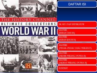 DAFTAR ISI
SK, KD, DAN INDIKATOR
MATERI
(SEBAB UMUM)
POSTEST
MATERI
(AKIBAT PERANG DUNIA II)
MATERI
(AKHIR PERANG DUNIA II)
MATERI
(PIHAK-PIHAK YANG TERLIBAT)
MATERI
(SEBAB KHUSUS)
 