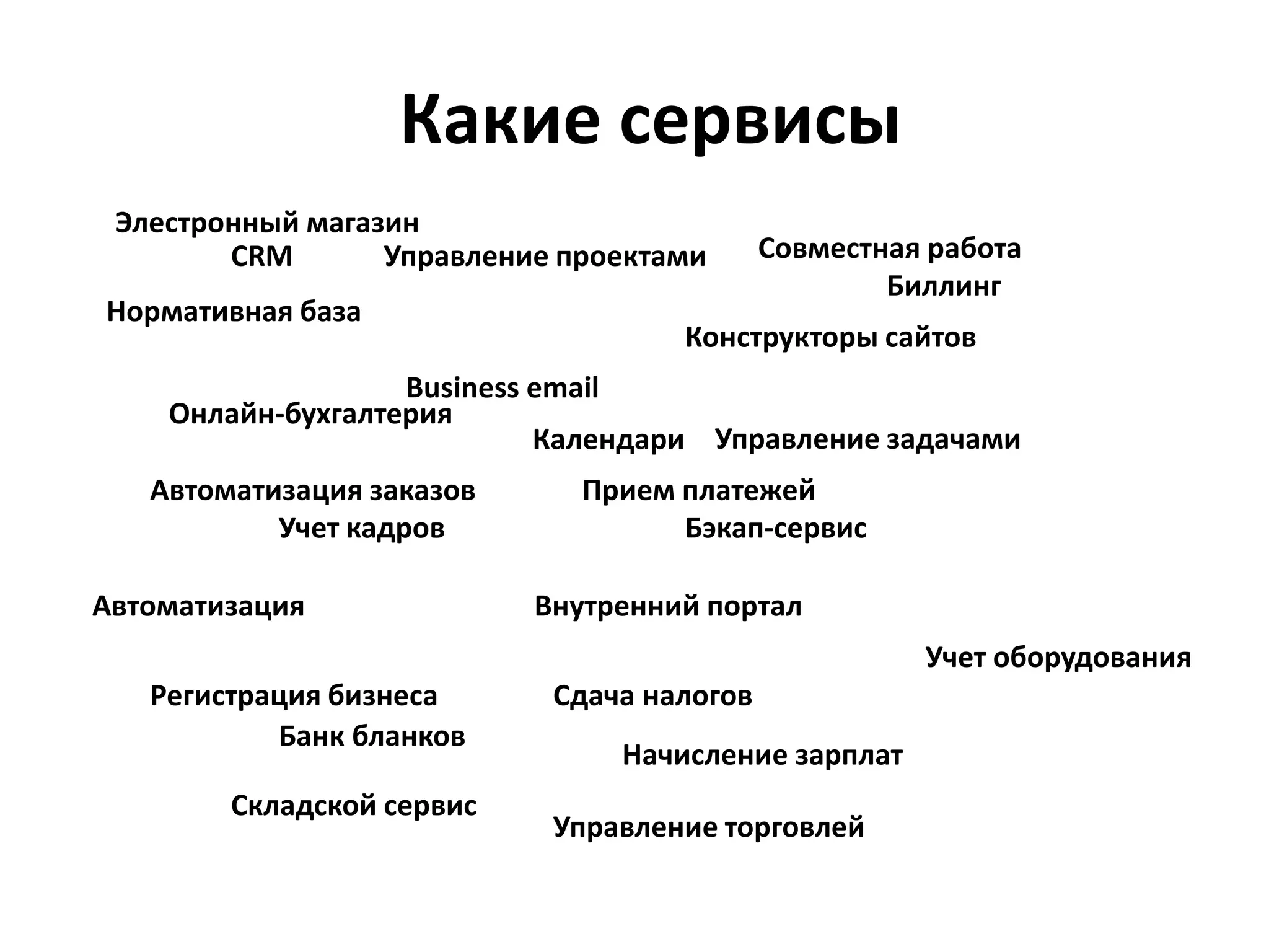 Какие сервисыЭлестронный магазинСовместная работаCRMУправление проектамиБиллингНормативная базаКонструкторы сайтовBusiness emailОнлайн-бухгалтерияУправление задачамиКалендариАвтоматизация заказовПрием платежейУчет кадровБэкап-сервисАвтоматизацияВнутренний порталУчет оборудованияРегистрация бизнесаСдача налоговБанк бланковНачисление зарплатСкладской сервисУправление торговлей