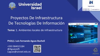 Proyectos De Infraestructura
De Tecnologías De Información
Tema: 1. Ambientes locales de infraestructura
PhD(c). Luis Fernando Aguas Bucheli
+593 984015184
@Aguaszoft
Laguas@uisrael.edu.ec
 