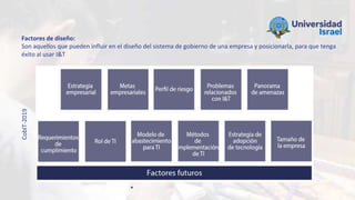 Factores de diseño:
Son aquellos que pueden influir en el diseño del sistema de gobierno de una empresa y posicionarla, para que tenga
éxito al usar I&T
CobIT-2019
 