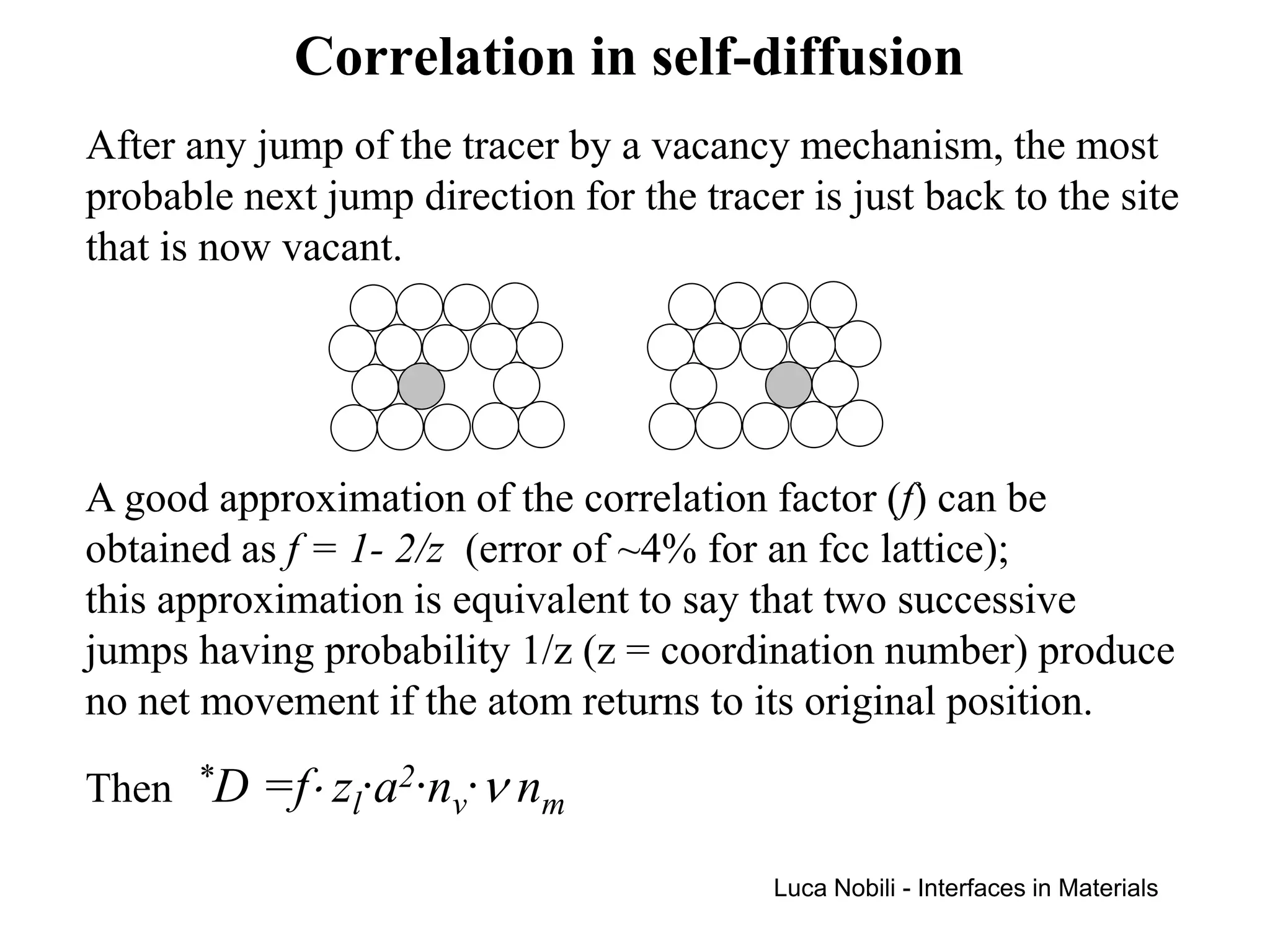 Correlation in self-diffusion
After any jump of the tracer by a vacancy mechanism, the most
probable next jump direction for the tracer is just back to the site
that is now vacant.




A good approximation of the correlation factor (f) can be
obtained as f = 1- 2/z (error of ~4% for an fcc lattice);
this approximation is equivalent to say that two successive
jumps having probability 1/z (z = coordination number) produce
no net movement if the atom returns to its original position.

Then *D =f⋅ zl·a2·nv·ν nm

                                          Luca Nobili - Interfaces in Materials
 