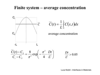 Finite system – average concentration

 Ci
                                 1L
                  C      C (t ) = ∫ C ( x, t )dx
                                 L0
Cs                       average concentration


  -L             L

C (t ) − CS   8     π 2 Dt           Dt
            = 2 exp − ⋅ 2               > 0.05
 Ci − C S    π      4 L              L2




                                  Luca Nobili - Interfaces in Materials
 