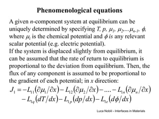 Phenomenological equations
A given n-component system at equilibrium can be
uniquely determined by specifying T, p, µ1, µ2,...µn-1, φ,
where µi is the chemical potential and φ is any relevant
scalar potential (e.g. electric potential).
If the system is displaced slightly from equilibrium, it
can be assumed that the rate of return to equilibrium is
proportional to the deviation from equilibrium. Then, the
flux of any component is assumed to be proportional to
the gradient of each potential; in x direction:
J1 = − L11 (∂µ1 ∂x ) − L12 (∂µ 2 ∂x ) − .... − L1n (∂µ n ∂x )
    − L1q (dT dx ) − L1 p (dp dx ) − L1e (dφ dx )
                                     Luca Nobili - Interfaces in Materials
 