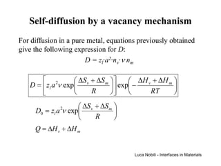 Self-diffusion by a vacancy mechanism
For diffusion in a pure metal, equations previously obtained
give the following expression for D:
                       D = zl·a2·nv·ν nm

        2          ∆S v + ∆S m      ∆H v + ∆H m 
   D =  zl a ν exp              exp −           
                        R               RT      
                      ∆S + ∆S m 
     D0 = zl a 2ν exp v         
                         R      
     Q = ∆H v + ∆H m


                                       Luca Nobili - Interfaces in Materials
 
