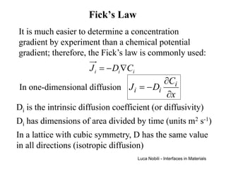 Fick’s Law
It is much easier to determine a concentration
gradient by experiment than a chemical potential
gradient; therefore, the Fick’s law is commonly used:
                      J i = − Di ∇Ci
                                        ∂Ci
In one-dimensional diffusion J i = − Di
                                         ∂x
Di is the intrinsic diffusion coefficient (or diffusivity)
Di has dimensions of area divided by time (units m2 s-1)
In a lattice with cubic symmetry, D has the same value
in all directions (isotropic diffusion)
                                       Luca Nobili - Interfaces in Materials
 