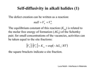 Self-diffusivity in alkali halides (1)
The defect creation can be written as a reaction:
                      null = VK' + VCl
                                     •



The equilibrium constant of this reaction (Keq) is related to
the molar free energy of formation (∆GS) of the Schottky
pair; for small concentrations of the vacancies, activities can
be taken equal to the site fractions:
               [V ]⋅ [V ] = K
                 K
                  '     •
                       Cl       eq
                                     = exp(− ∆GS RT )
the square brackets indicate a site fraction.



                                             Luca Nobili - Interfaces in Materials
 