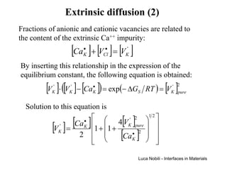 Extrinsic diffusion (2)
Fractions of anionic and cationic vacancies are related to
the content of the extrinsic Ca++ impurity:
                    [Ca ]+ [V ] = [V ]
                        •
                        K
                                 •
                                Cl
                                        '
                                        K

By inserting this relationship in the expression of the
equilibrium constant, the following equation is obtained:
         [V ]⋅ ([V ]− [Ca ]) = exp(− ∆G
           '
           K
                    '
                    K
                            •
                            K                S   RT ) = V  [ ]' 2
                                                              K pure


  Solution to this equation is

                 [Ca ]       
                                      [ ]           
                                                 12
                                      4 VK pure  
                                         ' 2

           [V ] = 2
                        •
               '        K   1 + 1 +           
               K
                             
                            
                                    [ ] • 2  
                                       Ca K 
                                                    
                                                    

                                             Luca Nobili - Interfaces in Materials
 