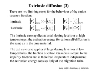 Extrinsic diffusion (3)
There are two limiting cases for the behaviour of the cation
vacancy fraction:
Intrinsic       [V ]
                  '
                  K pure      [ ]•
                           >> Ca K         [V ] = [V ]
                                               '
                                               K
                                                           '
                                                           K pure

 Extrinsic      [V ]
                  '
                  K pure   << [Ca ]
                                 •
                                 K
                                           [V ] = [Ca ]
                                               '
                                               K
                                                              •
                                                              K


The intrinsic case applies at small doping levels or at high
temperatures; the activation energy for cation self-diffusion is
the same as in the pure material.
The extrinsic case applies at large doping levels or at low
temperatures; the fraction of cation vacancies is equal to the
impurity fraction and is therefore temperature independent;
the activation energy consists only of the migration term.

                                       Luca Nobili - Interfaces in Materials
 
