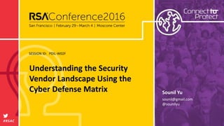 SESSION	
  ID:
#RSAC
Sounil	
  Yu
Understanding	
  the	
  Security	
  
Vendor	
  Landscape	
  Using	
  the	
  
Cyber	
  Defense	
  Matrix
PDIL-­‐W02F
@sounilyu
 