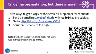 Enjoy the presentation, but there’s more!
2
Three ways to get a copy of this session’s supplemental handout:
1. Send an email to sawaba@zip.sh with rsa2016 as the subject
2. Go to http://zip.sh/z/sawaba/rsa2016
3. Scan the QR code to the right
Note: I’ve been told QR scanning might not work
well in this environment, so YMMV.
 