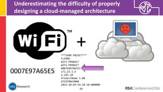 ***SEND PACKET***
FLIXMU
WIFI-PRODUCT
WIFI-PRODUCT
0007E897A65E5
172.23.1.6
1.245.10
ProductName 1.00
A71978AC4B00
2012-10-03-14.10.10.000000
Underestimating the difficulty of properly
designing a cloud-managed architecture
29
+
0007E97A65E5
 