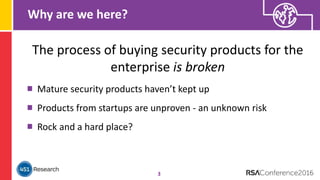 Mature security products haven’t kept up
Products from startups are unproven - an unknown risk
Rock and a hard place?
Why are we here?
3
The process of buying security products for the
enterprise is broken
 