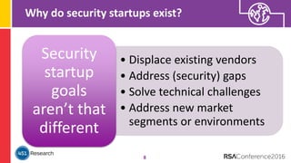 Why do security startups exist?
8
• Displace existing vendors
• Address (security) gaps
• Solve technical challenges
• Address new market
segments or environments
Security
startup
goals
aren’t that
different
 