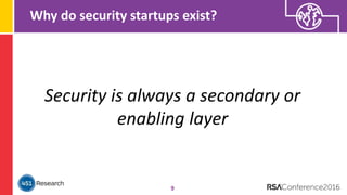 Why do security startups exist?
9
Security is always a secondary or
enabling layer
 