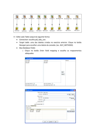 4 – Edite cada Table output da seguinte forma:
Connection: escolha pdi_labs_con.
Target table: uma das tabelas criadas no execício anterior. Clique no botão
Navegar para escolher uma tabela da conexão. (ex.: BUY_METHODS)
Aba Database Fields:
o Clique no botão Enter Field mapping e escolha os mapeamentos
adequados
 