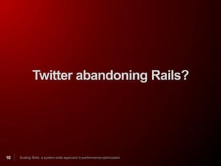 Twitter abandoning Rails?




10   Scaling Rails: a system-wide approach to performance optimization
 
