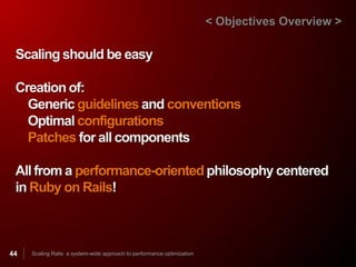 < Objectives Overview >

 Scaling should be easy

 Creation of:
   Generic guidelines and conventions
   Optimal configurations
   Patches for all components

 All from a performance-oriented philosophy centered
 in Ruby on Rails!



44   Scaling Rails: a system-wide approach to performance optimization
 