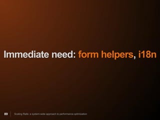 Immediate need: form helpers, i18n




89   Scaling Rails: a system-wide approach to performance optimization
 