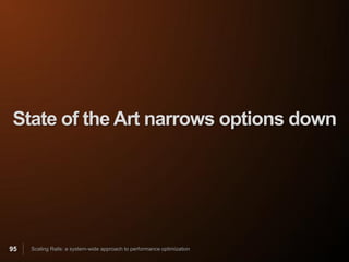 State of the Art narrows options down




95   Scaling Rails: a system-wide approach to performance optimization
 