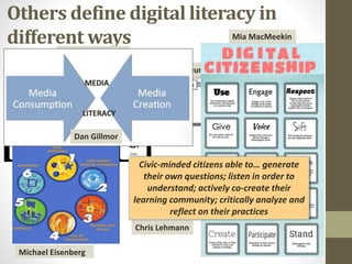 Others define digital literacy in
different ways
Doug Belshaw
Michael Eisenberg
Delia Neuman
Mia MacMeekin
Chris Lehmann
Civic-minded citizens able to… generate
their own questions; listen in order to
understand; actively co-create their
learning community; critically analyze and
reflect on their practices
Dan Gillmor
 