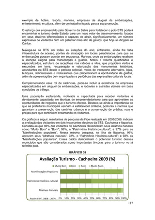 117
exemplo de hotéis, resorts, marinas, empresas de aluguel de embarcações,
entretenimento e cultura, além de um trabalho focado para a sua promoção.
O esforço ora empreendido pelo Governo da Bahia para fortalecer o polo BTS poderá
encaminhar o turismo deste Estado para um novo vetor de desenvolvimento, focado
em seus atrativos diferenciados e capazes de atrair, significativamente, um número
expressivo de visitantes com um patamar mais alto de gastos, que hoje se dirigem ao
Caribe.
Navega-se na BTS em todas as estações do ano; entretanto, ainda lhe falta
infraestrutura de acesso, pontes de atracação em locais paradisíacos para que as
embarcações possam aportar em segurança. Marinas, onde as embarcações recebam
a atenção exigida para manutenção e guarda, hotéis e resorts qualificados e
especializados, estrutura de receptivos nas cidades e vilas, que propiciem visitas e
excursões em terra, recuperação e valorização dos monumentos históricos,
abundantes na BTS desde o período colonial, meios de transporte alternativo, lojas,
butiques, delicatessens e restaurantes que proporcionem a oportunidade de gastos,
além de apresentações bem organizadas e periódicas das expressões culturais locais.
Complementando esse rol de carências, pode-se incluir a existência de empresas
especializadas em aluguel de embarcações, e rodovias e estradas vicinais em boas
condições de tráfego.
Uma população esclarecida, motivada e capacitada para receber visitantes e
devidamente capacitada em técnicas de empreendedorismo para que aproveitem as
oportunidades de negócios que o turismo oferece. Destaca-se ainda a importância de
que as prefeituras municipais venham a estabelecer critérios, posturas e normas que
garantam a preservação dos cenários urbanos e a conservação de prédios, ruas e
praças para que continuem encantando os visitantes.
Os gráficos a seguir, resultantes de pesquisa da Fipe realizada em 2008/2009, indicam
a avaliação dos visitantes em dois importantes destinos da BTS: Cachoeira e Itaparica.
Constata-se que 96% dos visitantes de Cachoeira classificaram seus atrativos naturais
como “Muito Bom” e “Bom”; 99%, o “Patrimônio Histórico-cultural”; e 97% para as
”Manifestações populares”. Nessa mesma pesquisa, na Ilha de Itaparica, 96%
aprovam seus “Atrativos naturais”; 92%, o “Patrimônio Histórico-cultural”; e 92% as
“Manifestações populares”. Esses dados demonstram o potencial turístico desses
municípios que são considerados como importantes âncoras para o turismo no já
referido polo.
GRÁFICO 39
Manifestações Populares
Patrimônio Histórico-cultural
Atrativos Naturais
0% 10% 20% 30% 40% 50% 60% 70% 80% 90% 100%
Avaliação Turismo - Cachoeira 2009 (%)
Muito Bom Bom Ruim Muito Ruim
Fonte: FIPE, 2008 - 2009
 