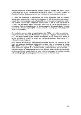 144
serviços domésticos. Apresentaremos, a seguir, os efeitos sobre o PIB, massa salarial
e empregos das ACTs. Consideraremos apenas o período 2013-2027, quando os
efeitos do Prodetur BA sobre o turismo são incluídos nas premissas dos cenários.
A Tabela 64 apresenta as estimativas dos fluxos marginais para as variáveis
selecionadas para os quatro cenários, considerando os dois fechamentos alternativos.
A partir das informações contidas na Tabela 63, podemos avaliar a importância relativa
dos setores selecionados, fortemente relacionados às ACTs, nos resultados do
Prodetur BA. As tabelas abaixo identificam a participação das ACTs nos resultados
agregados. Esta participação refere-se às participações dessas atividades no valor
presente dos fluxos marginais (PIB e massa salarial) e no emprego médio do período
2018-2027 (em EHA)
Os resultados apontam para uma participação das ACTs – em todas as variáveis –
sempre superior a 95% dos efeitos totais no polo BTS. O papel preponderante das
ACTs nos efeitos totais sugere também a existência de um núcleo duro dentro da
cadeia produtiva do turismo na região, em que se caracterizam aspectos de APLs
potencialmente exploráveis.
Outro ponto a ser destacado refere-se às magnitudes relativas das participações das
ACTs nas variáveis analisadas (Tabela 65). Olhando para os resultados da coluna
“2018-2027”, evidencia-se que as ACTs tendem a internalizar uma menor fração do
valor adicionado regional e da massa salarial, potencializando, por outro lado, a
absorção de mão de obra na região. Em outras palavras, as ACTs caracterizar-se-iam,
em termos relativos, por atividades de baixo valor agregado para as regiões, com alto
potencial de geração de empregos com remuneração média mais baixa.
 
