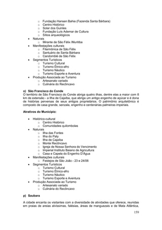 159
o Fundação Hansen Bahia (Fazenda Santa Bárbara)
o Centro Histórico
o Solar dos Guinles
o Fundação Luís Ademar de Cultura
o Sítios arqueológicos
 Naturais
o Mirante de São Félix /Muritiba
 Manifestações culturais
o Filarmônica de São Félix
o Santuário de Santa Bárbara
o Candomblé de São Félix
 Segmentos Turísticos
o Turismo Cultural
o Turismo Étnico-afro
o Turismo Náutico
o Turismo Esporte e Aventura
 Produção Associada ao Turismo
o Artesanato variado
o Culinária do Recôncavo
o) São Francisco do Conde
O território de São Francisco do Conde abriga quatro ilhas, dentre elas a maior com 8
km de extensão - a Ilha de Cajaíba, que abriga um antigo engenho de açúcar e é dona
de histórias perversas de seus antigos proprietários. O patrimônio arquitetônico é
composto de casa grande, senzala, engenho e centenárias palmeiras imperiais.
Atrativos do Município:
 Histórico-cultural
o Centro Histórico
o Comunidades quilombolas
 Naturais
o Ilha das Fontes
o Ilha do Paty
o Ilha de Cajaíba
o Monte Recôncavo
o Igreja de Nossa Senhora do Vencimento
o Imperial Instituto Baiano de Agricultura
o Casa e Capela do Engenho D’Água
 Manifestações culturais
o Festejos de São João - 23 e 24/06
 Segmentos Turísticos
o Turismo Cultural
o Turismo Étnico-afro
o Turismo Náutico
o Turismo Esporte e Aventura
 Produção Associada ao Turismo
o Artesanato variado
o Culinária do Recôncavo
p) Saubara
A cidade encanta os visitantes com a diversidade de atividades que oferece, reunidas
em praias de areias alvíssimas, falésias, áreas de manguezais e de Mata Atlântica,
 