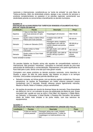 177
nacionais e internacionais, constituindo-se na “porta de entrada” do polo Baía de
Todos-os-Santos. Além da atratividade própria, agrega a seu conjunto de serviços e
produtos complementares os passeios e os pacotes regionais, aumentando sua
atratividade perante os concorrentes e beneficiando os demais municípios.
QUADRO 10
DESCRIÇÃO DE ALGUNS PRODUTOS TURÍSTICOS VENDIDOS ATUALMENTE NO POLO
BAÍA DE TODOS-OS-SANTOS
Localização Pacote Descrição Preço
Itaparica
7 dias no Club Med Itaparica
para duas pessoas em apto.
duplo
Hospedagem all inclusive R$4.730,00
Salvador
Quatro noites no Bahia Othon
Palace para duas pessoas
A estada inclui café da
manhã
R$ 928,00
Salvador 7 noites em Salvador (CVC)
Passagem aérea, traslados,
hospedagem com café da
manhã, passeio aos pontos
turísticos
R$ 928,00 p/
pessoa
Salvador
Quatro noites no Hotel
Catussaba
Em apto duplo, com café da
manhã e taxas
R$1.000,00
Salvador
Quatro noites no Gran Hotel
Stella Maris
Em apto duplo, com café da
manhã, almoço e jantar e
taxas
R$ 4.074,00
p/duas
pessoas
FONTE: INTERNET E HOTÉIS
Os pacotes listados na Quadro acima são aqueles de competitividade nacional e
internacional. São produtos “industriais”, colocados no mercado através de uma rede
estruturada de distribuição e comercialização. Representam uma parte significativa do
fluxo total para o polo, sendo uma das que mais geram receita.
Competem com esses produtos os demais produtos nacionais, como descritos no
Quadro a seguir. Ao lado de cada pacote, são listados os preços e os serviços
incluídos. Uma análise comparativa permite identificar que:
 Salvador compete, em linhas gerais, com as demais capitais nordestinas. Sob essa
perspectiva, as opções de hospedagem em hotéis urbanos possuem preços
compatíveis com o mercado: Aracaju ofereceu preços ligeiramente menores;
Maceió e Recife, Natal e Fortaleza, preços semelhantes.
 Há opções de pacotes em resorts de diversas faixas de mercado. Essa diversidade
de oferta já é, em si, um indicador do grau de sofisticação da oferta do polo. Esses
mercados são: aquele em que se situa o Club Med, em Itaparica; o Stella Maris,
em Salvador; o Catussaba, o Hotel Deville, o Pestana Rio Vermelho. Há também
oferta de hotéis mais simples e de porte médio, com boa estrutura de
equipamentos.
QUADRO 11
DESCRIÇÃO DE PRODUTOS TURÍSTICOS CONCORRENTES (ORIGEM SÃO PAULO)
Localização Pacotes Descrição Preço
Aracaju 8 dias em Aracaju
p/duas pessoas
Passagem aérea ida e volta, traslado
Aeroporto/Hotel/Aeroporto, 7 noites de
hospedagem no hotel escolhido e city
tour
R$ 1.996,00
 