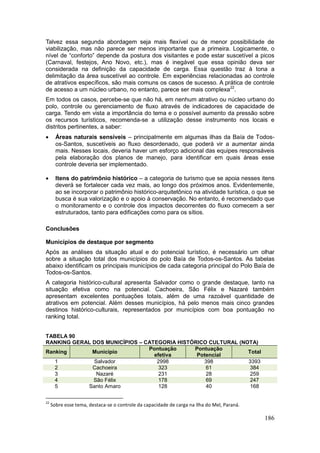 186
Talvez essa segunda abordagem seja mais flexível ou de menor possibilidade de
viabilização, mas não parece ser menos importante que a primeira. Logicamente, o
nível de “conforto” depende da postura dos visitantes e pode estar suscetível a picos
(Carnaval, festejos, Ano Novo, etc.), mas é inegável que essa opinião deva ser
considerada na definição da capacidade de carga. Essa questão traz à tona a
delimitação da área suscetível ao controle. Em experiências relacionadas ao controle
de atrativos específicos, são mais comuns os casos de sucesso. A prática de controle
de acesso a um núcleo urbano, no entanto, parece ser mais complexa22
.
Em todos os casos, percebe-se que não há, em nenhum atrativo ou núcleo urbano do
polo, controle ou gerenciamento de fluxo através de indicadores de capacidade de
carga. Tendo em vista a importância do tema e o possível aumento da pressão sobre
os recursos turísticos, recomenda-se a utilização desse instrumento nos locais e
distritos pertinentes, a saber:
 Áreas naturais sensíveis – principalmente em algumas ilhas da Baía de Todos-
os-Santos, suscetíveis ao fluxo desordenado, que poderá vir a aumentar ainda
mais. Nesses locais, deveria haver um esforço adicional das equipes responsáveis
pela elaboração dos planos de manejo, para identificar em quais áreas esse
controle deveria ser implementado.
 Itens do patrimônio histórico – a categoria de turismo que se apoia nesses itens
deverá se fortalecer cada vez mais, ao longo dos próximos anos. Evidentemente,
ao se incorporar o patrimônio histórico-arquitetônico na atividade turística, o que se
busca é sua valorização e o apoio à conservação. No entanto, é recomendado que
o monitoramento e o controle dos impactos decorrentes do fluxo comecem a ser
estruturados, tanto para edificações como para os sítios.
Conclusões
Municípios de destaque por segmento
Após as análises da situação atual e do potencial turístico, é necessário um olhar
sobre a situação total dos municípios do polo Baía de Todos-os-Santos. As tabelas
abaixo identificam os principais municípios de cada categoria principal do Polo Baía de
Todos-os-Santos.
A categoria histórico-cultural apresenta Salvador como o grande destaque, tanto na
situação efetiva como na potencial. Cachoeira, São Félix e Nazaré também
apresentam excelentes pontuações totais, além de uma razoável quantidade de
atrativos em potencial. Além desses municípios, há pelo menos mais cinco grandes
destinos histórico-culturais, representados por municípios com boa pontuação no
ranking total.
TABELA 90
RANKING GERAL DOS MUNICÍPIOS – CATEGORIA HISTÓRICO CULTURAL (NOTA)
Ranking Município
Pontuação
efetiva
Pontuação
Potencial
Total
1 Salvador 2998 398 3393
2 Cachoeira 323 61 384
3 Nazaré 231 28 259
4 São Félix 178 69 247
5 Santo Amaro 128 40 168
22
Sobre esse tema, destaca-se o controle da capacidade de carga na Ilha do Mel, Paraná.
 
