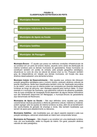 243
FIGURA 12
CLASSIFICAÇÃO ESTRATÉGICA DO PDITS
Município-Âncora – É aquele que possui as melhores condições infraestruturais de
se constituir em um porto de turismo náutico, atuando como centro de distribuição de
roteiros turísticos para os demais municípios do geossistema. Esses municípios se
constituem também em portão de entrada, pela posição geográfica estratégica,
situando-se no rumo de uma via natural de acesso (mar ou rio). Possuem também
grau de independência em relação aos demais municípios, em função dos seus
atrativos desencadearem uma demanda turística.
Município Indutor de Desenvolvimento – São aqueles que, embora não ofereçam
posição geográfica estratégica para o turismo náutico, possuem atrativos culturais de
grande importância. Serão aqui classificados também como de “destinação secundária
ou de roteiro”, uma vez que os roteiros podem ser compostos por diversas destinações
turísticas ao longo do percurso, sem destaque especial para nenhum deles. O maior
exemplo é o município de Cachoeira, cujo patrimônio cultural é de altíssima qualidade,
mas as suas condições de navegação fluvial dependem de alguns fatores hidroviários
que são fartamente disponíveis em Maragojipe, o município-âncora do geossistema
aqui denominado de Recôncavo.
Municípios de Apoio ou Escala – São aqui definidos como aqueles que, pelas
características náuticas peculiares e oferta de patrimônio cultural, material ou imaterial,
podem agregar valor às opções de roteiros turísticos na área, além de se beneficiarem
das oportunidades de geração de emprego e renda. São também localidades que
servem de apoio para abastecimento ou descanso.
Municípios Satélites - são localidades que, por algum aspecto especial e pela sua
posição estratégica, adicionam atratividade ao roteiro sem comprometer tempo.
Municípios de Passagem – Não chegam a se constituir em uma destinação turística,
mas, por sua localização, estão no traçado do roteiro. Em geral, possuem atrativos
naturais de valor paisagístico.
Municípios-Âncoras
Municípios Indutores de Desenvolvimento
Municípios de Apoio ou Escala
Municípios Satélites
Municípios de Passagem
 