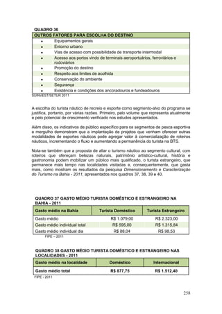 258
QUADRO 36
OUTROS FATORES PARA ESCOLHA DO DESTINO
 Equipamentos gerais
 Entorno urbano
 Vias de acesso com possibilidade de transporte intermodal
 Acesso aos portos vindo de terminais aeroportuários, ferroviários e
rodoviários
 Promoção do destino
 Respeito aos limites de acolhida
 Conservação do ambiente
 Segurança
 Existência e condições dos ancoradouros e fundeadouros
SUINVEST/SETUR 2011
A escolha do turista náutico de recreio e esporte como segmento-alvo do programa se
justifica, portanto, por várias razões. Primeiro, pelo volume que representa atualmente
e pelo potencial de crescimento verificado nos estudos apresentados.
Além disso, os indicativos de público específico para os segmentos de pesca esportiva
e mergulho demonstram que a implantação de projetos que venham oferecer outras
modalidades de esportes náuticos pode agregar valor à comercialização de roteiros
náuticos, incrementando o fluxo e aumentando a permanência do turista na BTS.
Nota-se também que a proposta de aliar o turismo náutico ao segmento cultural, com
roteiros que ofereçam belezas naturais, patrimônio artístico-cultural, história e
gastronomia podem mobilizar um público mais qualificado, o turista estrangeiro, que
permanece mais tempo nas localidades visitadas e, consequentemente, que gasta
mais, como mostram os resultados da pesquisa Dimensionamento e Caracterização
do Turismo na Bahia - 2011, apresentados nos quadros 37, 38, 39 e 40.
QUADRO 37 GASTO MÉDIO TURISTA DOMÉSTICO E ESTRANGEIRO NA
BAHIA - 2011
Gasto médio na Bahia Turista Doméstico Turista Estrangeiro
Gasto médio R$ 1.079,00 R$ 2.323,00
Gasto médio individual total R$ 595,00 R$ 1.315,84
Gasto médio individual dia R$ 88,04 R$ 98,53
FIPE – 2011
QUADRO 38 GASTO MÉDIO TURISTA DOMÉSTICO E ESTRANGEIRO NAS
LOCALIDADES - 2011
Gasto médio na localidade Doméstico Internacional
Gasto médio total R$ 877,75 R$ 1.512,40
FIPE - 2011
 