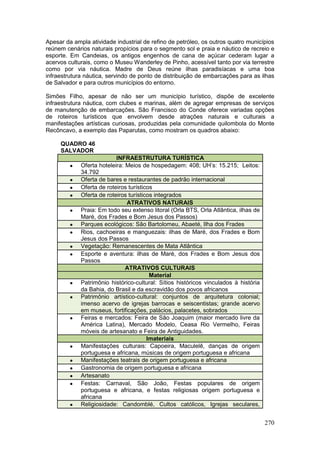 270
Apesar da ampla atividade industrial de refino de petróleo, os outros quatro municípios
reúnem cenários naturais propícios para o segmento sol e praia e náutico de recreio e
esporte. Em Candeias, os antigos engenhos de cana de açúcar cederam lugar a
acervos culturais, como o Museu Wanderley de Pinho, acessível tanto por via terrestre
como por via náutica. Madre de Deus reúne ilhas paradisíacas e uma boa
infraestrutura náutica, servindo de ponto de distribuição de embarcações para as ilhas
de Salvador e para outros municípios do entorno.
Simões Filho, apesar de não ser um município turístico, dispõe de excelente
infraestrutura náutica, com clubes e marinas, além de agregar empresas de serviços
de manutenção de embarcações. São Francisco do Conde oferece variadas opções
de roteiros turísticos que envolvem desde atrações naturais e culturais a
manifestações artísticas curiosas, produzidas pela comunidade quilombola do Monte
Recôncavo, a exemplo das Paparutas, como mostram os quadros abaixo:
QUADRO 46
SALVADOR
INFRAESTRUTURA TURÍSTICA
 Oferta hoteleira: Meios de hospedagem: 408; UH’s: 15.215; Leitos:
34.792
 Oferta de bares e restaurantes de padrão internacional
 Oferta de roteiros turísticos
 Oferta de roteiros turísticos integrados
ATRATIVOS NATURAIS
 Praia: Em todo seu extenso litoral (Orla BTS, Orla Atlântica, ilhas de
Maré, dos Frades e Bom Jesus dos Passos)
 Parques ecológicos: São Bartolomeu, Abaeté, Ilha dos Frades
 Rios, cachoeiras e manguezais: ilhas de Maré, dos Frades e Bom
Jesus dos Passos
 Vegetação: Remanescentes de Mata Atlântica
 Esporte e aventura: ilhas de Maré, dos Frades e Bom Jesus dos
Passos
ATRATIVOS CULTURAIS
Material
 Patrimônio histórico-cultural: Sítios históricos vinculados à história
da Bahia, do Brasil e da escravidão dos povos africanos
 Patrimônio artístico-cultural: conjuntos de arquitetura colonial;
imenso acervo de igrejas barrocas e seiscentistas; grande acervo
em museus, fortificações, palácios, palacetes, sobrados
 Feiras e mercados: Feira de São Joaquim (maior mercado livre da
América Latina), Mercado Modelo, Ceasa Rio Vermelho, Feiras
móveis de artesanato e Feira de Antiguidades.
Imateriais
 Manifestações culturais: Capoeira, Maculelê, danças de origem
portuguesa e africana, músicas de origem portuguesa e africana
 Manifestações teatrais de origem portuguesa e africana
 Gastronomia de origem portuguesa e africana
 Artesanato
 Festas: Carnaval, São João, Festas populares de origem
portuguesa e africana, e festas religiosas origem portuguesa e
africana
 Religiosidade: Candomblé, Cultos católicos, Igrejas seculares,
 
