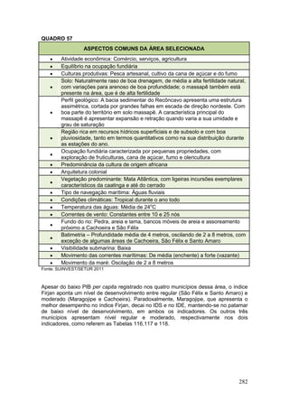 282
QUADRO 57
ASPECTOS COMUNS DA ÁREA SELECIONADA
 Atividade econômica: Comércio, serviços, agricultura
 Equilíbrio na ocupação fundiária
 Culturas produtivas: Pesca artesanal, cultivo da cana de açúcar e do fumo

Solo: Naturalmente raso de boa drenagem, de média a alta fertilidade natural,
com variações para arenoso de boa profundidade; o massapê também está
presente na área, que é de alta fertilidade

Perfil geológico: A bacia sedimentar do Recôncavo apresenta uma estrutura
assimétrica, cortada por grandes falhas em escada de direção nordeste. Com
boa parte do território em solo massapê. A característica principal do
massapê é apresentar expansão e retração quando varia a sua umidade e
grau de saturação

Região rica em recursos hídricos superficiais e de subsolo e com boa
pluviosidade, tanto em termos quantitativos como na sua distribuição durante
as estações do ano.

Ocupação fundiária caracterizada por pequenas propriedades, com
exploração de fruticulturas, cana de açúcar, fumo e olericultura
 Predominância da cultura de origem africana
 Arquitetura colonial

Vegetação predominante: Mata Atlântica, com ligeiras incursões exemplares
característicos da caatinga e até do cerrado
 Tipo de navegação marítima: Águas fluviais
 Condições climáticas: Tropical durante o ano todo
 Temperatura das águas: Média de 24o
C
 Correntes de vento: Constantes entre 10 e 25 nós

Fundo do rio: Pedra, areia e lama, bancos móveis de areia e assoreamento
próximo a Cachoeira e São Félix

Batimetria – Profundidade média de 4 metros, oscilando de 2 a 8 metros, com
exceção de algumas áreas de Cachoeira, São Félix e Santo Amaro
 Visibilidade submarina: Baixa
 Movimento das correntes marítimas: De média (enchente) a forte (vazante)
 Movimento da maré: Oscilação de 2 a 8 metros
Fonte: SUINVEST/SETUR 2011
Apesar do baixo PIB per capita registrado nos quatro municípios dessa área, o índice
Firjan aponta um nível de desenvolvimento entre regular (São Félix e Santo Amaro) e
moderado (Maragojipe e Cachoeira). Paradoxalmente, Maragojipe, que apresenta o
melhor desempenho no índice Firjan, decai no IDS e no IDE, mantendo-se no patamar
de baixo nível de desenvolvimento, em ambos os indicadores. Os outros três
municípios apresentam nível regular e moderado, respectivamente nos dois
indicadores, como referem as Tabelas 116,117 e 118.
 