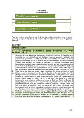 305
FIGURA 17
Recôncavo Sul
Para um melhor entendimento da dinâmica das ações propostas, tome-se como
exemplo a implantação do roteiro turístico náutico abaixo, com suas respectivas
atrações:
QUADRO 74
ROTEIRO NÁUTICO
(2 A 3 PERNOITES ENVOLVENDO CINCO MUNICÍPIOS DA ÁREA
METROPOLITANA I)
1o
dia
Saída do Terminal Náutico de Salvador em direção ao município de Candeias, com
desembarque no atracadouro de Caboto, pequeno povoado habitado por
comunidade quilombola, e onde fica o Museu Wanderley de Pinho, um antigo
engenho de cana de açúcar, que ainda hoje mantém intacta a arquitetura colonial.
Parada para visitação do museu e saborear os quitutes preparados pela
comunidade (destaque para a aguardente de cana), e que são comercializados no
local. Partindo de Caboto, segue-se para o Terminal Hidroviário de Madre de Deus.
A cidade possui mais de oito quilômetros de praias lindas e limpas. Mas aqui há
opções variadas. Pode-se escolher uma das praias da sede do município ou a
visita a uma das ilhas que rodeiam Madre de Deus. Do próprio terminal, se pode
alugar pequenos barcos para a Ilha Maria Guarda ou Ilha das Vacas, duas das
ilhas paradisíacas bem próximas do Terminal Hidroviário. Quem preferir pode fazer
passeio ao Centro Histórico, onde se encontram as Igrejas da Sagrada Família
(Jesus, Maria, José) e a Matriz de N. S. de Madre de Deus, cujo mirante
proporciona uma belíssima visão panorâmica da Baía de Todos-os-Santos. O
almoço é livre, mas recomenda-se experimentar os pratos à base de frutos do mar,
uma especialidade local. Na sequência, visita ao Mercado Municipal, onde são
vendidos peixes e mariscos, além do artesanato em concha, produzido pela
comunidade local. À noite, a diversão é garantida em bares e restaurantes da orla,
que oferecem música e um cardápio diversificado de pratos e petiscos variados.
2o
dia
Saída em embarcações tradicionais (saveiros) para São Francisco do Conde. Este
município reúne um grande acervo arquitetônico colonial, como a Capela N.S. do
Amparo, o Convento Santo Antônio, a Igreja N.S. do Monte e as ruínas da primeira
escola de Agronomia das Américas, inaugurada por D. Pedro II, no século XIX
Município-âncora: Jaguaripe
Município indutor: Nazaré
Municípios de apoio: Aratuípe
 