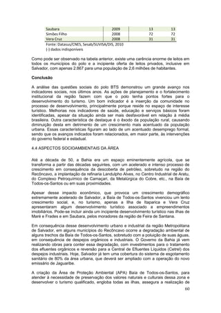 60
Saubara 2009 13 13
Simões Filho 2008 72 72
Vera Cruz 2008 31 31
Fonte: Datasus/CNES, Sesab/SUVISA/DIS, 2010
(-) dados indisponíveis
Como pode ser observado na tabela anterior, existe uma carência enorme de leitos em
todos os municípios do polo e a incipiente oferta de leitos privados, inclusive em
Salvador, com apenas 2.867 para uma população de 2,6 milhões de habitantes.
Conclusão
A análise das questões sociais do polo BTS demonstrou um grande avanço nos
indicadores sociais, nos últimos anos. As ações de planejamento e o fortalecimento
institucional da região fazem com que o polo tenha pontos fortes para o
desenvolvimento do turismo. Um bom indicador é a inserção da comunidade no
processo de desenvolvimento, principalmente porque reside no espaço de interesse
turístico. Melhorias nos indicadores de saúde, educação e serviços básicos foram
identificadas, apesar da situação ainda ser mais desfavorável em relação à média
brasileira. Outra característica de destaque é o êxodo da população rural, causando
diminuição desta em detrimento de um crescimento mais acentuado da população
urbana. Essas características figuram ao lado de um acentuado desemprego formal,
sendo que os avanços indicados foram relacionados, em maior parte, às intervenções
do governo federal e estadual.
4.4 ASPECTOS SOCIOAMBIENTAIS DA ÁREA
Até a década de 50, a Bahia era um espaço eminentemente agrícola, que se
transforma a partir das décadas seguintes, com um acelerado e intenso processo de
crescimento em consequência da descoberta de petróleo, sobretudo na região do
Recôncavo, a implantação da refinaria Landulpho Alves, no Centro Industrial de Aratu,
do Complexo Petroquímico de Camaçari, da Metalúrgica do Cobre, etc., na Baía de
Todos-os-Santos ou em suas proximidades.
Apesar desse impacto econômico, que provoca um crescimento demográfico
extremamente acelerado de Salvador, a Baía de Todos-os-Santos vivenciou um lento
crescimento social, e, no turismo, apenas a Ilha de Itaparica e Vera Cruz
apresentaram algum desenvolvimento turístico associado a empreendimentos
imobiliários. Pode-se incluir ainda um incipiente desenvolvimento turístico nas ilhas de
Maré e Frades e em Saubara, pelos moradores da região de Feira de Santana.
Em consequência desse desenvolvimento urbano e industrial da região Metropolitana
de Salvador, em alguns municípios do Recôncavo ocorre a degradação ambiental de
alguns trechos da Baía de Todos-os-Santos, sobretudo com a poluição de suas águas,
em consequência de despejos orgânicos e industriais. O Governo da Bahia já vem
realizando obras para conter essa degradação, com investimentos para o tratamento
dos efluentes orgânicos e reversão para a Central de Efluentes Líquidos (Cetrel) dos
despejos industriais. Hoje, Salvador já tem uma cobertura do sistema de esgotamento
sanitário de 80% da área urbana, que deverá ser ampliado com a operação do novo
emissário de Jaguaribe.
A criação da Área de Proteção Ambiental (APA) Baía de Todos-os-Santos, para
atender à necessidade de preservação dos valores naturais e culturais dessa zona e
desenvolver o turismo qualificado, engloba todas as ilhas, assegura a realização de
 