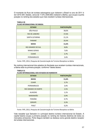 97
O montante do fluxo de turistas estrangeiros que visitaram o Brasil no ano de 2011 é
de 4.810.344. Destes, cerca de 11,6% (558.000) visitaram a Bahia, que ocupa a quinta
posição no ranking dos estados que mais recebem turistas internacionais.
TABELA 30
FLUXO INTERNACIONAL DO BRASIL
ESTADO PARTICIPAÇÃO
SÃO PAULO 38,0%
RIO DE JANEIRO 37,0%
SANTA CATARINA 21,1%
PARANÁ 20,4%
BAHIA 11,6%
RIO GRANDE DO SUL 8,8%
MINAS GERAIS 7,6%
CEARÁ 3,7%
PERNAMBUCO 3,4%
Fonte: FIPE, 2011, Pesquisa de Caracterização do Turismo Receptivo na Bahia
No ranking internacional dos estados do Nordeste que recebem turistas internacionais,
a Bahia está na primeira posição, conforme Tabela abaixo:
TABELA 31
FLUXO INTERNACIONAL DOS ESTADOS DO NORDESTE
ESTADO PARTICIPAÇÃO
BAHIA 11,6%
CEARÁ 3,7%
PERNAMBUCO 3,4%
RIO GRANDE DO NORTE 2,5%
ALAGOAS 1,1%
MARANHÃO 0,9%
PARAÍBA 0,7%
SERGIPE 0,3%
PIAUÍ 0,2%
Fonte: FIPE, 2011, Pesquisa de Caracterização do Turismo Receptivo na Bahia
Vale ressaltar que Salvador é o principal destino turístico internacional do Estado. A
capital baiana ocupa a primeira posição no ranking de maiores destinos de todos os
mercados emissores. Porto Seguro também se destaca como grande destino receptor
de turistas internacionais.
 