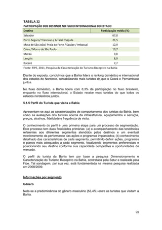 98
TABELA 32
PARTICIPAÇÃO DOS DESTINOS NO FLUXO INTERNACIONAL DO ESTADO
Destino Participação média (%)
Salvador 67,0
Porto Seguro/ Trancoso / Arraial D’Ajuda 21,5
Mata de São João/ Praia do Forte / Sauípe / Imbassaí 12,9
Cairu / Morro de São Paulo 10,7
Maraú 9,8
Lençóis 8,9
Itacaré 7,7
Fonte: FIPE, 2011, Pesquisa de Caracterização do Turismo Receptivo na Bahia
Diante do exposto, concluímos que a Bahia lidera o ranking doméstico e internacional
dos estados do Nordeste, contabilizando mais turistas do que o Ceará e Pernambuco
juntos.
No fluxo doméstico, a Bahia lidera com 8,3% da participação no fluxo brasileiro,
enquanto no fluxo internacional, o Estado recebe mais turistas do que todos os
estados nordestinos juntos.
5.1.5 Perfil do Turista que visita a Bahia
Apresentam-se aqui as caracterizações de comportamento dos turistas da Bahia, bem
como as avaliações dos turistas acerca da infraestrutura, equipamentos e serviços,
preços, atrativos, fidelidade e frequência de visita.
O conhecimento do perfil é uma primeira etapa para um processo de segmentação.
Este processo tem duas finalidades primárias: (a) o acompanhamento das tendências
referentes aos diferentes segmentos atendidos pelos destinos e um eventual
monitoramento da performance das ações e programas implantados; (b) conhecimento
detalhado das características de cada segmento, permitindo definir ações, programas
e planos mais adequados a cada segmento, focalizando segmentos preferenciais e
posicionando seu destino conforme sua capacidade competitiva e oportunidades do
mercado.
O perfil do turista da Bahia tem por base a pesquisa Dimensionamento e
Caracterização do Turismo Receptivo na Bahia, contratada pela Setur e realizada pela
Fipe. Tal sondagem, por sua vez, está fundamentada na mesma pesquisa realizada
em 2008/2009.
Informações por segmento
Gênero
Nota-se a predominância do gênero masculino (53,4%) entre os turistas que visitam a
Bahia.
 
