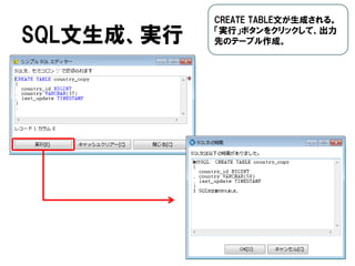 SQL文生成、実行
CREATE TABLE文が生成される。
「実行」ボタンをクリックして、出力
先のテーブル作成。
 