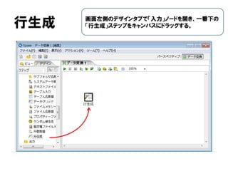 行生成 画面左側のデザインタブで「入力」ノードを開き、一番下の
「行生成」ステップをキャンバスにドラッグする。
 