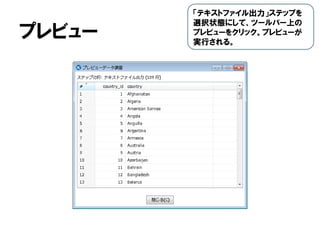 プレビュー
「テキストファイル出力」ステップを
選択状態にして、ツールバー上の
プレビューをクリック。プレビューが
実行される。
 